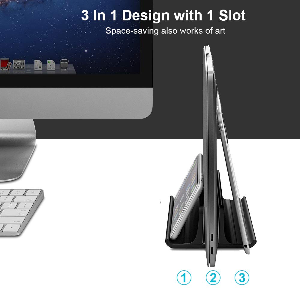 VAYDEER Pionowy Regulowany Stojak na Laptopa 3 w 1 - Aluminiowy, Kompaktowy, Do MacBooka, Notebooka, iPada, Laptopów Do 17,3 Cala - Czarny