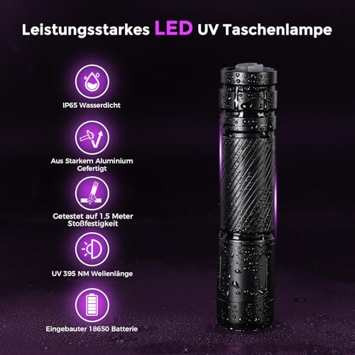 GEARLITE Wiederaufladbar LED UV Schwarzlicht Taschenlampe, Leicht Mini UV Lampe Ultraviolettes Licht mit 395nm Robust Wasserfest für Bernsteinsuche Geocaching Heimtierurindetektoren Unechte Banknoten