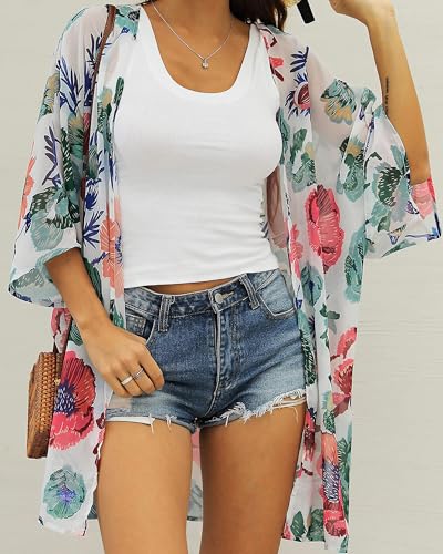 Image of Women's Kimono Swimsuit Coverups Summer Beach Loose Cardigans for Swimwear | CHICGAL Casual Open Front Chiffon Cover Up, 3 /4 Sleeve Lightweight Vacations Outfits 2026, Long Summer Resort Wear