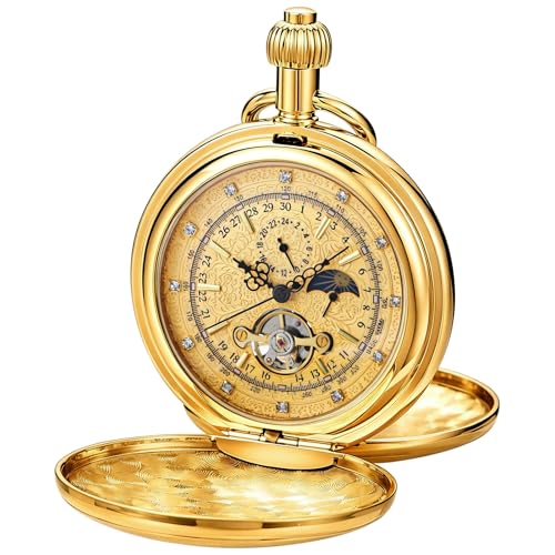 Image of Men's Mechanical Pocket Watch with Chain, Vintage Full Copper Hand-Wind Second&24hours Sub-dials Pocket Watches for Men with Box