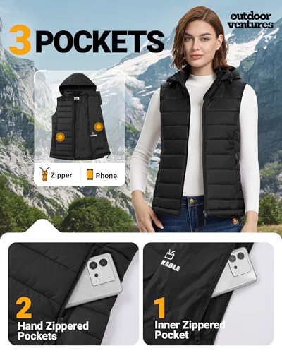 Outdoor Ventures Damen Steppweste mit Kapuze Packbare Übergangswesten Gefütterte Hybrid Sportweste Frau Warme Fahrradweste mit Stehkragen für Wandern Camping Schwarz M