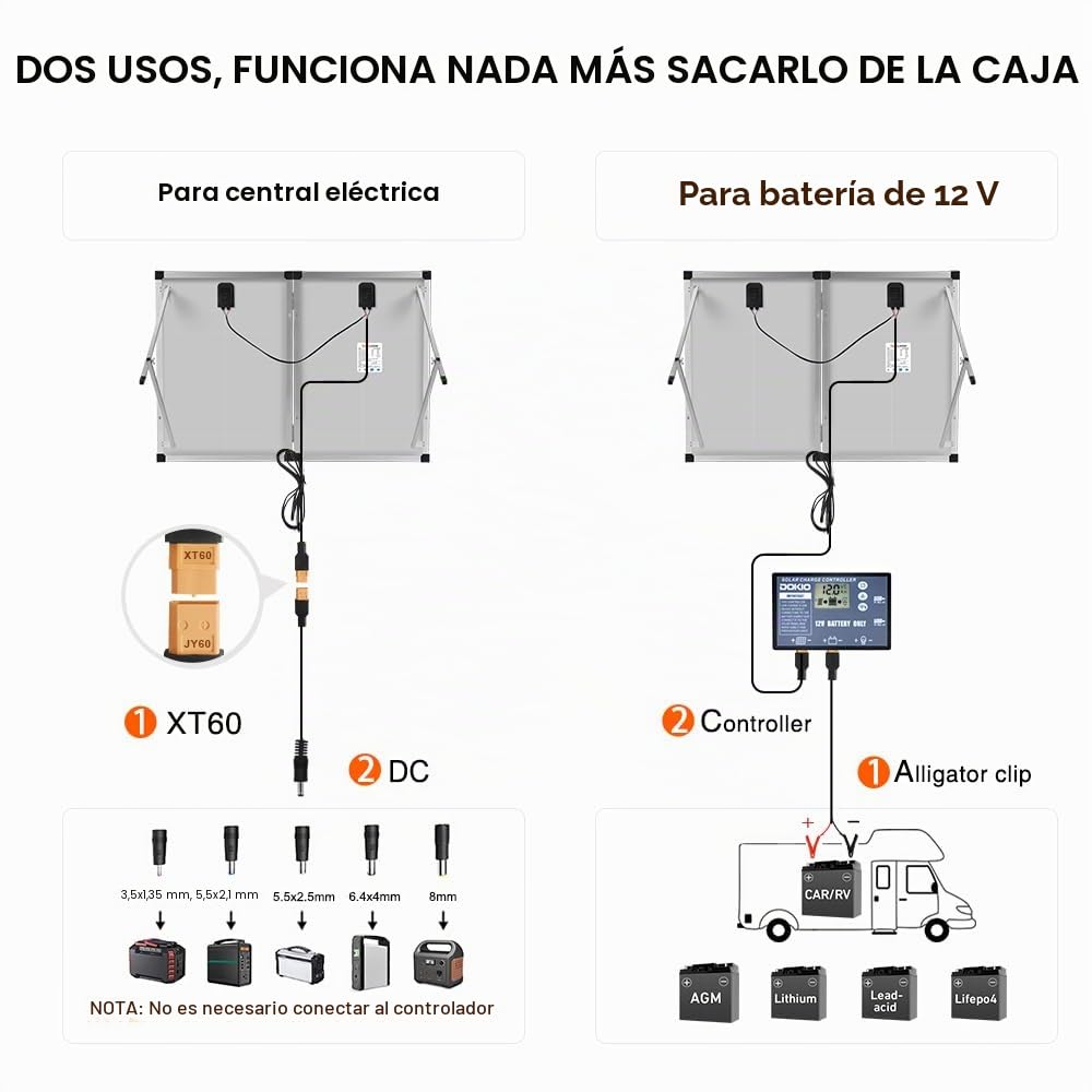 DOKIO Maleta solar plegable portátil de 100 W, 12 V, monocristalina, con controlador de carga impermeable