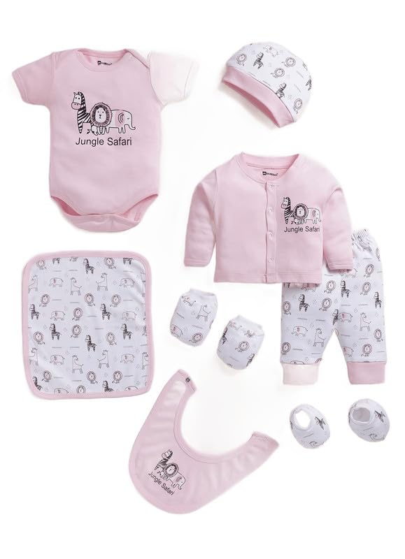 MOON KIDS Newborn Baby Cotton Clothing Gift Set with Romper, Onesie, Top, Pant, Cap, Mittens & Bib (7-piece set) - Candy Pink|-image-1
