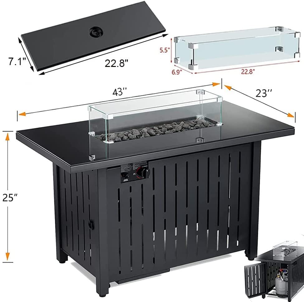 Propane-Fire-Pit-Table-43-Inch-60000-BTU-Auto-Ignition-Gas-Fire-Pit-Table-for-Outside-Patio-Fireplace-Table-Outdoor-Fire-Table-Rectangle-Fire-Pit-CSA-Certification-Gas-Firepit-with-Glass-Wind-Guard