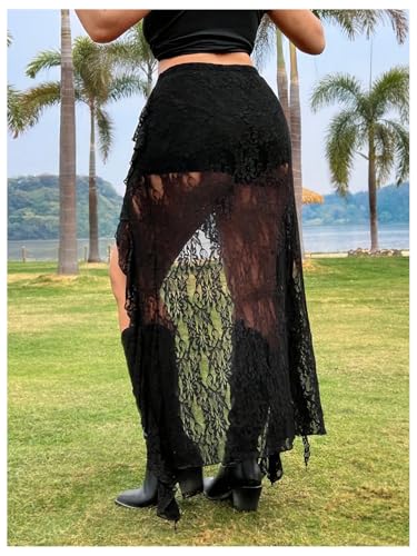 Floerns Women's Plus Size Lace Sheer Long Skirt Asymmetrical Layered Ruffle Concert Outfit3