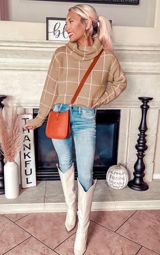 Image of ECOWISH Women Fall Pullover Sweater Turtleneck Plaid Long Sleeve Loose Casual Chunky Checked Knit Winter Sweaters Jumper Tops