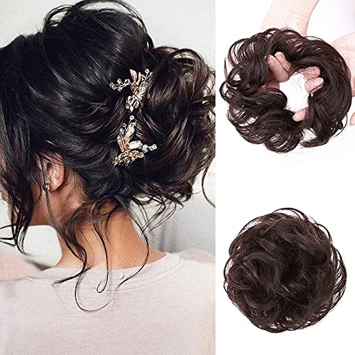 Gx Beauty Messy Bun Hair Piece Scrunchy Updo Hair Pieces for Women Fluffy Wavy Hair Bun Scrunchies Donut Hairpiece Synthetic Chignons with Elastic Rubber Band ï¼ˆBlack Brown#ï¼‰