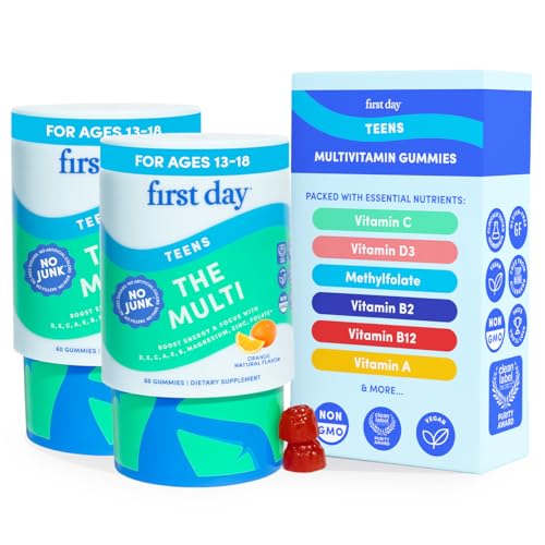FIRST DAY Vitamins for Teens - Teen Multi Vitamins for Girls & Boys 12-17 Organic Fruit & Veggie Blend - 12 Key Nutrients: Vitamins A B1 B2 B6 B9 B12 C D3 E K2-60 Day Supply