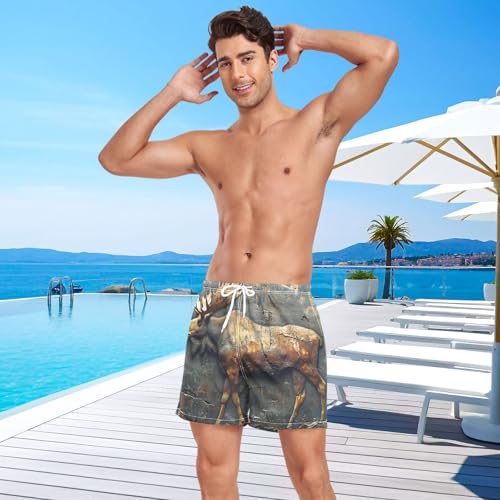 Moose Wall Painting Retro Mens Swim Trunks with Liner, Cool Quick Dry Beach Swim Shorts, Swimwear Bathing Suits S4