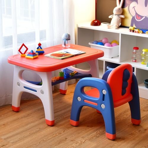 KOTEK Toddler Table and Chair Set, Cute Activity Table with Storage and Building Blocks, Dinosaur Shaped Armchair, Kids Table and Chair Set for Eating Reading Playing, Gift for Boys Girls (Orange)