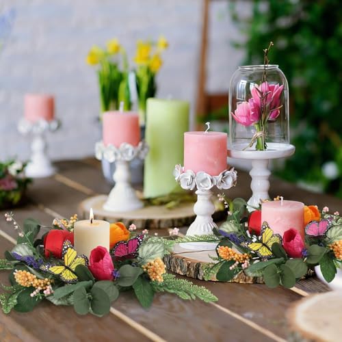 Image of 6 PCS Spring Lavender Tulips Candle Rings Wreaths Artificial Floral Pillar Candle Holder Wreaths with Butterfly Mini Spring Summer Candle Rings for Table Centerpiece Home Farmhouse Cabinet Porch Decor