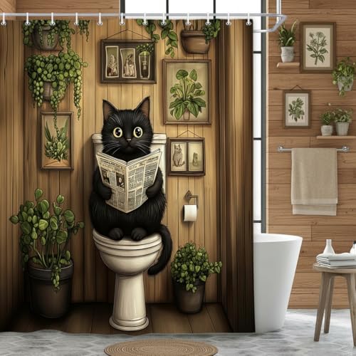DYNH Funny Cat Shower Curtain,Green Plants Potted Cute Animal Read Newspaper Bathtub Curtain,Cartoon Rustic Boho Farmhouse Spring Bathroom Decor with Hooks,69X70 in