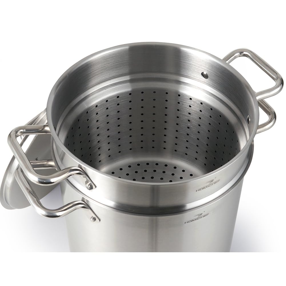 HOMICHEF Pentola per pasta in acciaio inox senza nichel da 13 litri, con colino e coperchio – Cestini in acciaio inox di grado commerciale – Set di pentole a vapore a induzione lucidate opache da 13