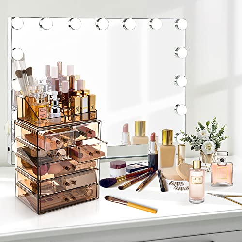 Comvtupy Clear Makeup Organizer With Brush Holder, Large Acrylic Cosmetic Display Jewelry & Make Up Organizers And Storage For Vanity, Bathroom (3 Large, 4 Small Drawers, Brown) #TOP2