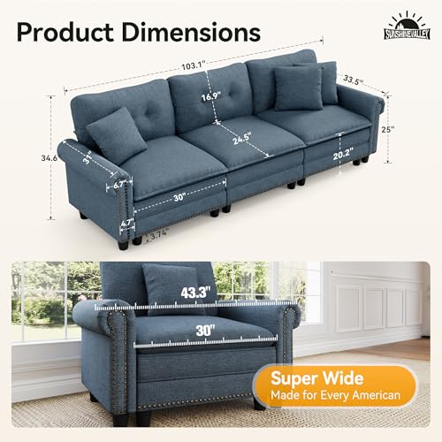 Image of SUNSHINE VALLEY 116.1 inch Modular Cloud Couch with Extra Wide & Deep Seats, Oversized 3-Seater Mid-Century Modern Couch with Nailhead Trim and Throw Pillows for Living Room, Linen Cyan