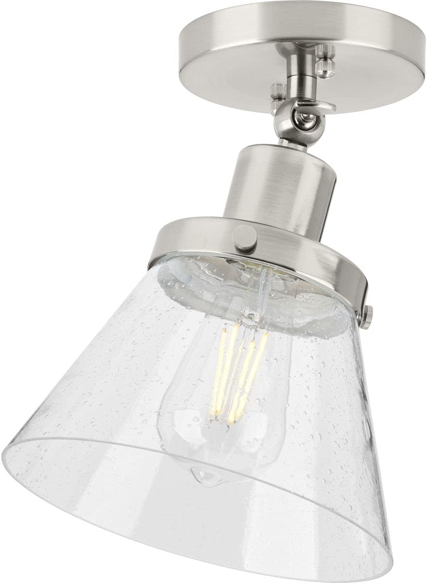 Progress Lighting Hinton Collection 1-Light Seeded Glass Brushed Nickel Industrial Flush Mount Ceiling Light, 10.00x8.00x8.00