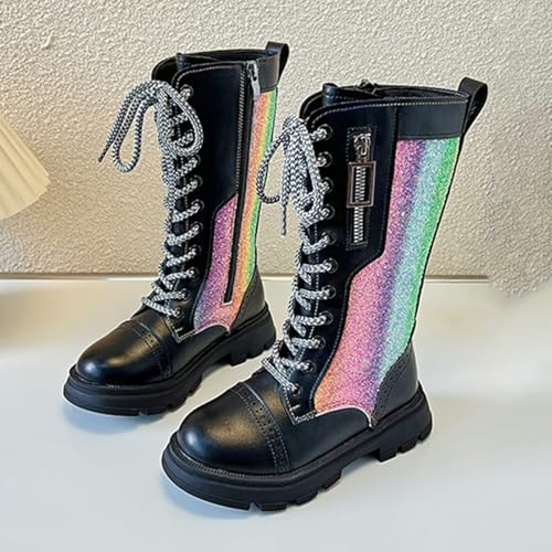 Girls Glitter Combat Boots Lace Up Riding Boots Knee High Side Zipper Mid Calf Shoes Sparkly Dress Boots for Toddler/Little Kid/Big Kid3