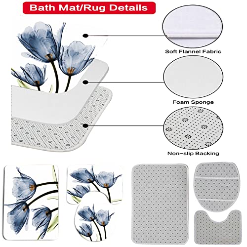 3-teilig Badematten Set, 3D Digitaldruck Blumen Badteppich Sets rutschfest Badvorleger Blau Waschbar U-Förmiger… – Bild 3