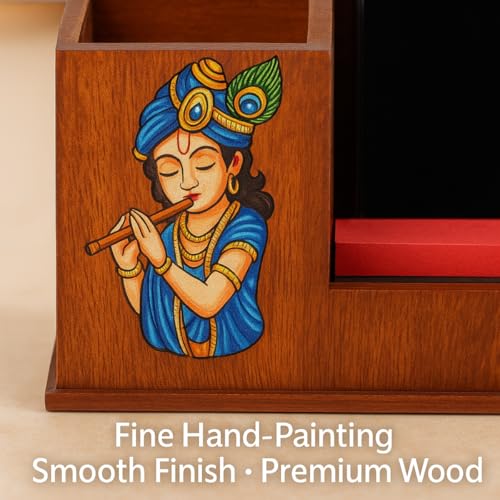 Image of DivineCraftedArt Handcrafted Wooden Pen Holder & Mobile Stand | Desk Organizer for Office, Home & Study Table | Pen Pencil Stand with Card Holder (6.75x3.75x2.5 Inch) (Krishana Harmony)