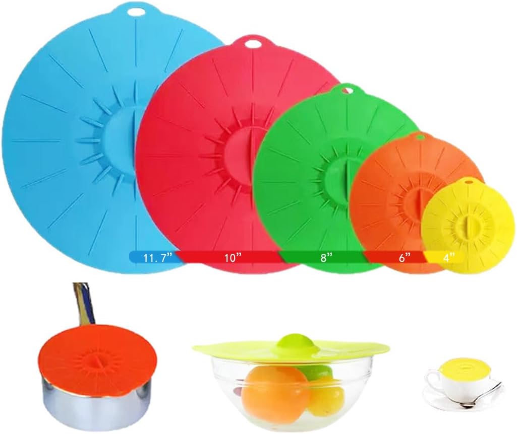 Paquete de 5 tapas de silicona resistentes al calor para salpicaduras de microondas, tapas de succión reutilizables para almacenamiento de