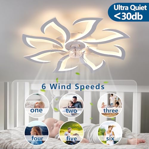 HuixuTe 32" White Modern 8-Head Geometric Ceiling Fan with Lights Remote Control, Low Profile Ceiling Fan with Light for Kitchen Bedroom Living Room — view 2