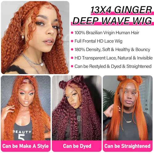 Image of 32 Inch Ginger Lace Front Wigs Human Hair 13x4 Deep Wave Lace Front Wigs Human Hair 350 Burnt Orange Wet Wavy Curly Wig Human Hair Pre Plucked 180% Density Water Wave Colored Glueless Wig for Women