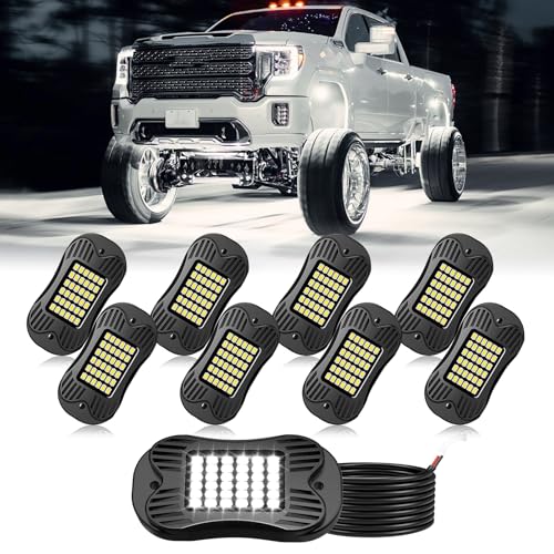 Image of SHINIGHT 8 Pods White Rock Lights 6000K Pure White Super Bright Underglow Light,10FT /3M Extension Wires Each Light,36 LED SMD Chips,Waterproof IP68,Rock Lights for Trucks UTV ATV SUV Boats