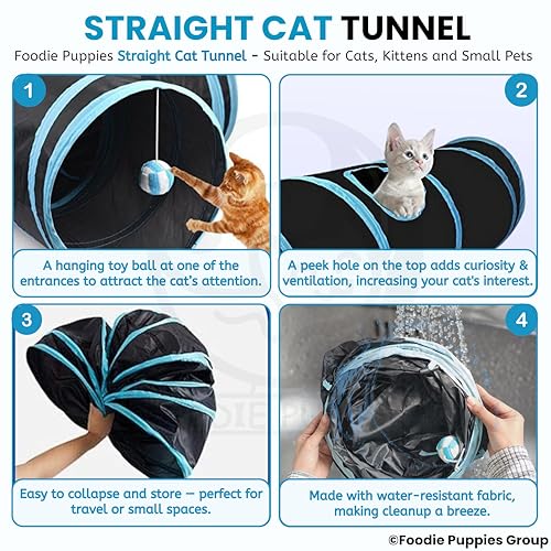 Image of Foodie Puppies Pet Foldable Straight Cat Tunnel (Blue & Black) for Cats, Kittens, Rabbits & Guinea Pigs | Interactive Play Tube with Peek Hole | Fun Indoor & Outdoor Hiding & Training Tunnel Cave