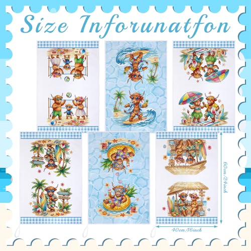 Image of Bencailor 6 Pcs Summer Sea Highland Cow Kitchen Towels Decorative Sets Dish Tea Towels Absorbent Hand Vintage Hanging Reusable Cleaning Dishcloths for Cooking Farmhouse Bathroom Accessory