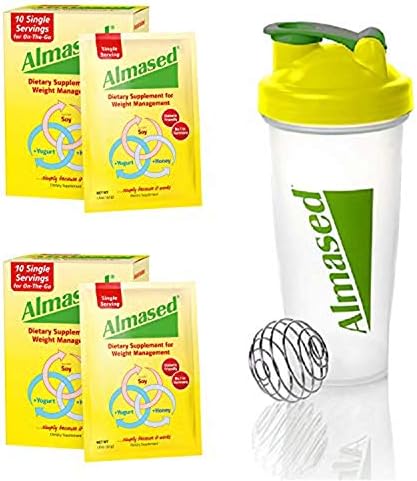 Almased Low-Glycemic High Protein Powder Shake Meal Replacement for Weight Management Non-GMO Plant-Based Protein, Gluten Free, Low Carbs, 10 Single Servings, 1.8 oz each (2 Box) with 1 Blender Bottle