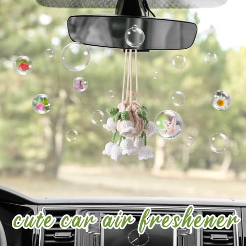 Image of DaisyInner Cute Crochet Plant Car Freshener 12ml Empty Refillable Diffuser Bottle with Plants Hanging Accessories for Ornaments Charms Rearview Mirror Decor Women Gifts (Green, White,Bellflower)