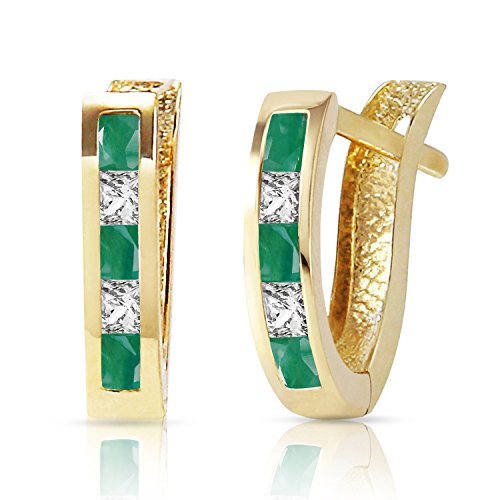 Galaxy Gold GG 14k Gold Natural Emerald and White Topaz Oval Hoop Huggie Earrings - Main Image