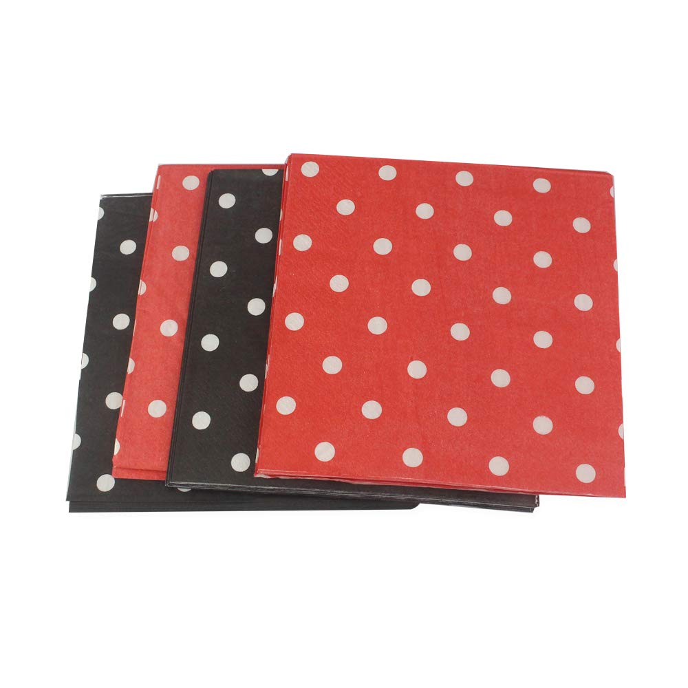 Red Black Polka Dot Paper Napkins 80count, Decorative Dinner Luncheon Napkins for Party Events, folded 6.5” x 6.5”, unfolded 13” x 13”