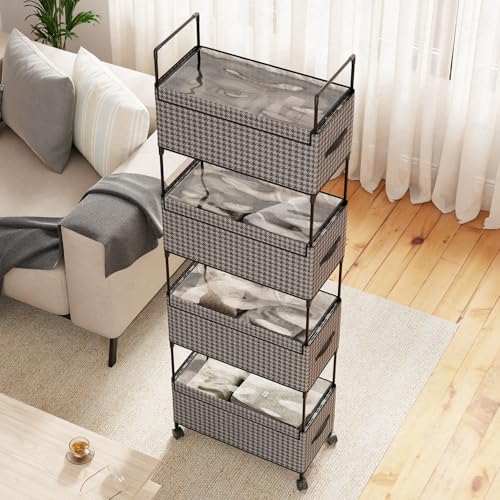 Image of Lukzer 4-Tier Clothes Organizer Basket with Wheels | Black & White Fabric with Metal Rolling Storage Shelf for Folded Clothes & Towels | Multipurpose Rack for Bedroom Closet & Laundry Room