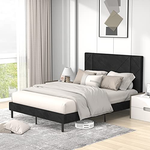 Flolinda Queen Bed Frame, Upholstered Bed Frame Queen Size With Tufted Velvet Headboard, Mattress Foundation, Strong Wood Slat Support Double Bed Frame, No Box Spring Needed, Easy Assembly,Black #TOP1