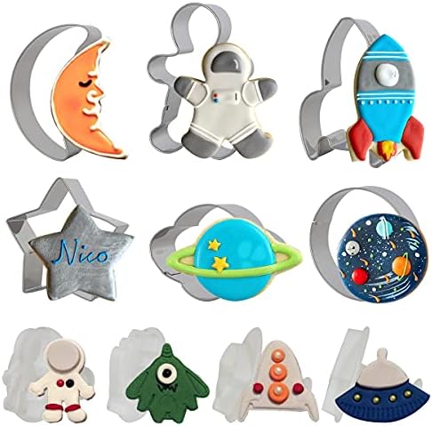 Space Cookie Cutters for Kids , Outer Space Fondant Stamper Set, Spaceship Astronaut Rocket Moon Star Planet Circle Pastry Biscuit Cake Baking Mold for Party Supplies
