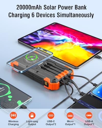Image of Solar Power Bank 20000mAh Built-in 4 Cables, Solar Charger Power Bank USB-C 3A Fast Charging for iPhone Samsung, Portable Wireless Charger with Flashlight, Thermometer, Battery Pack for Camping