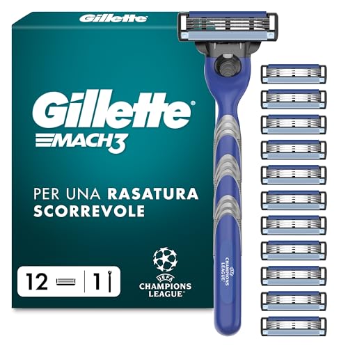 Gillette Mach3 Regolabarba Uomo, Lame Rasoio a Mano Libera, 1 Manico e 12 Lamette da Barba da 3 Lame, Facile Risciacquo, con Gel Lubrificante, Fino a 15 Rasature con 1 Testina