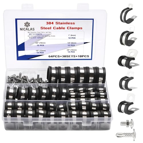 NICALAS 232PCS Cable Clamps Kit Stainless Steel Rubber P Clamp Assortment