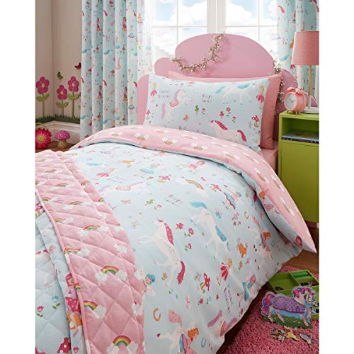 Arcoíris, unicornios y hadas mágicos - Juego de funda de edredón para cama individual, rosa,...