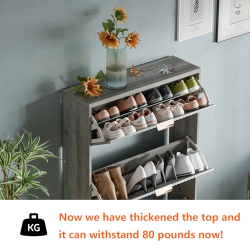 Image of Shoe Cabinet Storage,Modern Freestanding Organizer with 3 Flip Drawers,Narrow Shoe Rack Cabinet for Entryway,Grey