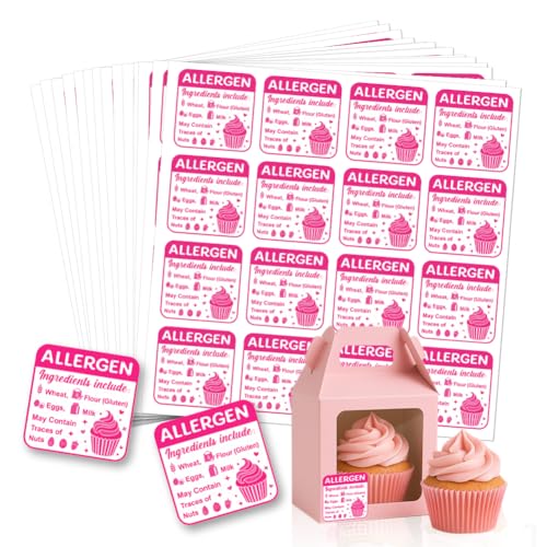 GOMAKERER 320 Pcs Allergen Warning Stickers, Food Allergy Alert Labels Pink Allergen Labels Square Waterproof Label for Restaurant Kitchen Bakery Businesses, 5 CM
