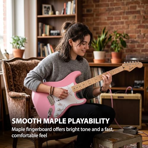 Image of Fender Squier Sonic Stratocaster HT H - Flash Pink Bundle with Mustang Micro Headphone Amp, Cable, Tuner, Strap, Picks, and Austin Bazaar Instructional DVD