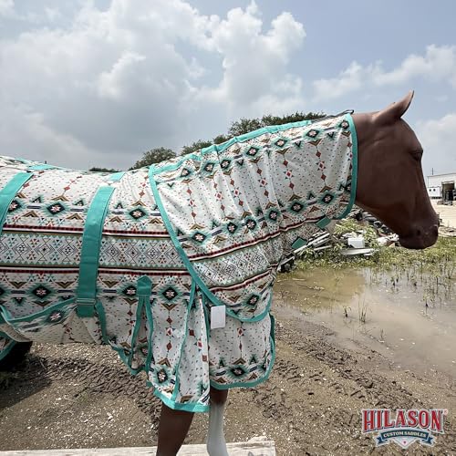 Image of HILASON Horse Fly Sheet UV Protect Breathable Mesh Bug Mosquito Spring | Summer Horse Rug | Fly Rug Turquoise Aztec 81 inch
