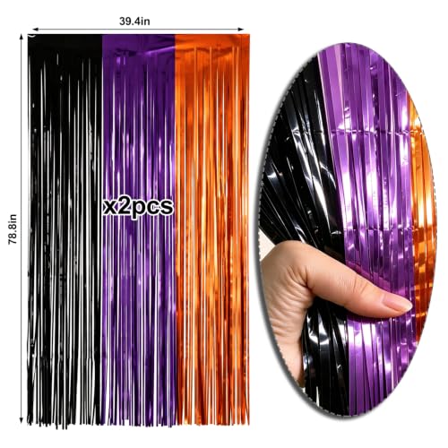 Image of 4 Packs Halloween Foil Fringe Curtain, Orange Black and Purple Metallic Tinsel Backdrop for Birthday, Baby Shower, Bachelorette, Halloween Party Decorations Favors Supplies Indoor Outdoor