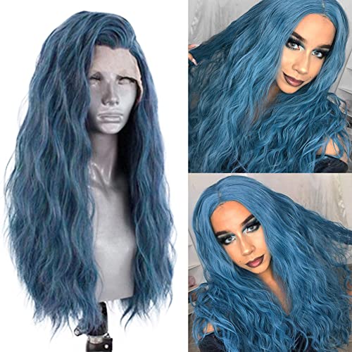 Rongduoyi Rdy Blue Synthetic Wig Loose Body Wave Heat Fiber Hair 24Inches Long Wavy Lace Front Wigs For Women Half Hand Tied Soft Swiss Lace Wig Cosplay Daily Use Hair #TOP1