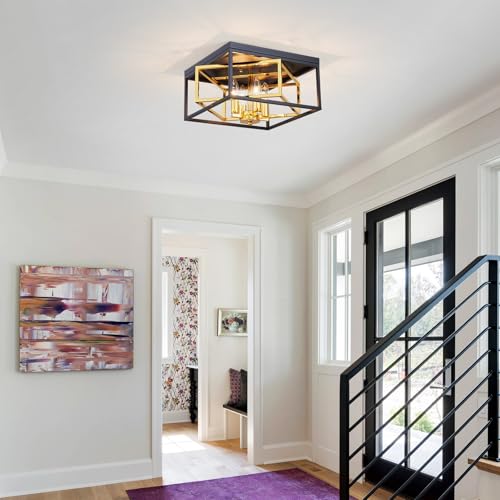 ElegLumi Square Ceiling Light, 4-Light Flushmount Modern Close to Ceiling Light Fixture for Living Room, Bedroom, Dining Room, L13 x W13 x H7 inch, Black & Gold Finish Frame by ElegLumi - Used condition - Image 9