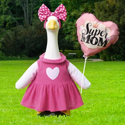 Soulchen 1 Set Mother's Day Porch Goose Outfit 23 Inch Cement Pink Goose Clothes Dress and Headband Costume Set for Mother's Day Holiday Garden Yard Decor