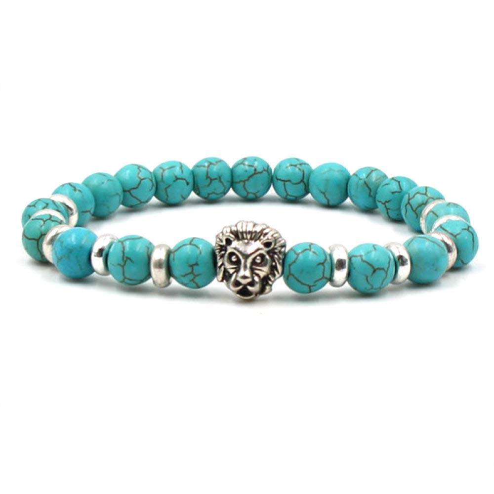 Braccialetto Di Pietra Per Le Donne,7 Chakra Braccialetto Di Perline Di Pietra Turchese Naturale Elastico Testa Di Leone D'Argento Guarnizione Braccialetto Boho Stile Donna Gioielli Yoga Regalo Per