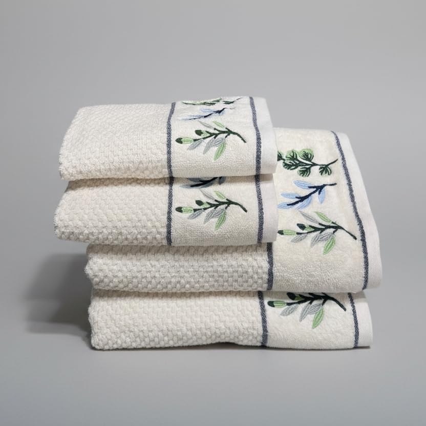 Image of SENSES By Riba Cotton Embroidered Towel Set, 550 GSM Soft & Absorbent, Antimicrobial, Oeko-Tex Certified | Ideal for Home & Gifting, Pack of 4 (2 Bath 27 inchX50 inch + 2 Hand Towels 16 inchX26 inch) - Style 1